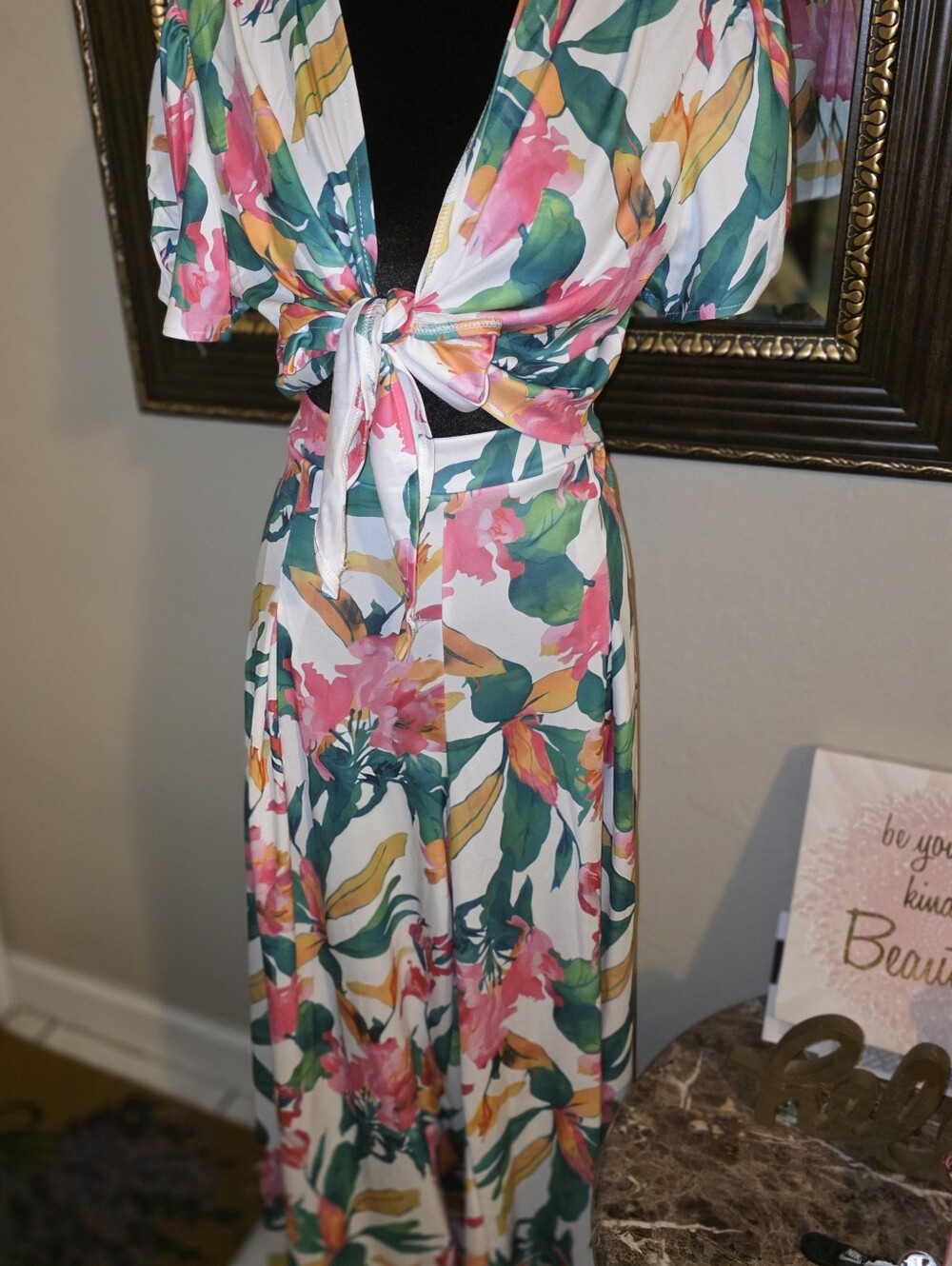 Floral Tie-Front 2-Piece Pant Set in White with Pink, Gold & Green